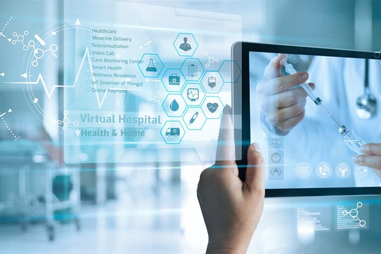 Virtual doctor concept, The patient holds a tablet. Consult and receive advice and analysis health from doctor online on virtual interface. Virtual hospital and online therapy.